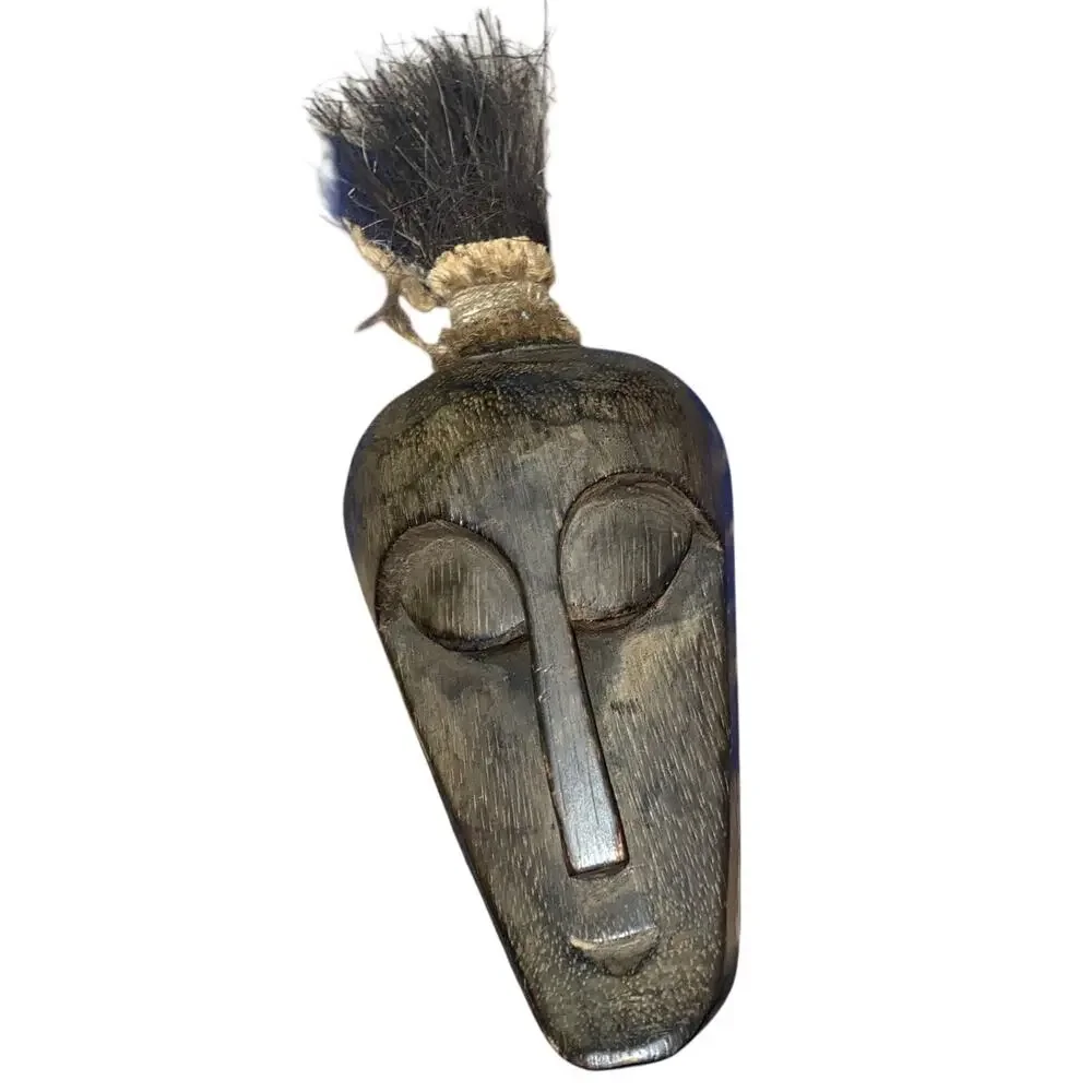 Hand Carved Indonesia Wood Mask Toraja Tau-Tau? Tribal Stiff Fiber Hair Wall Art